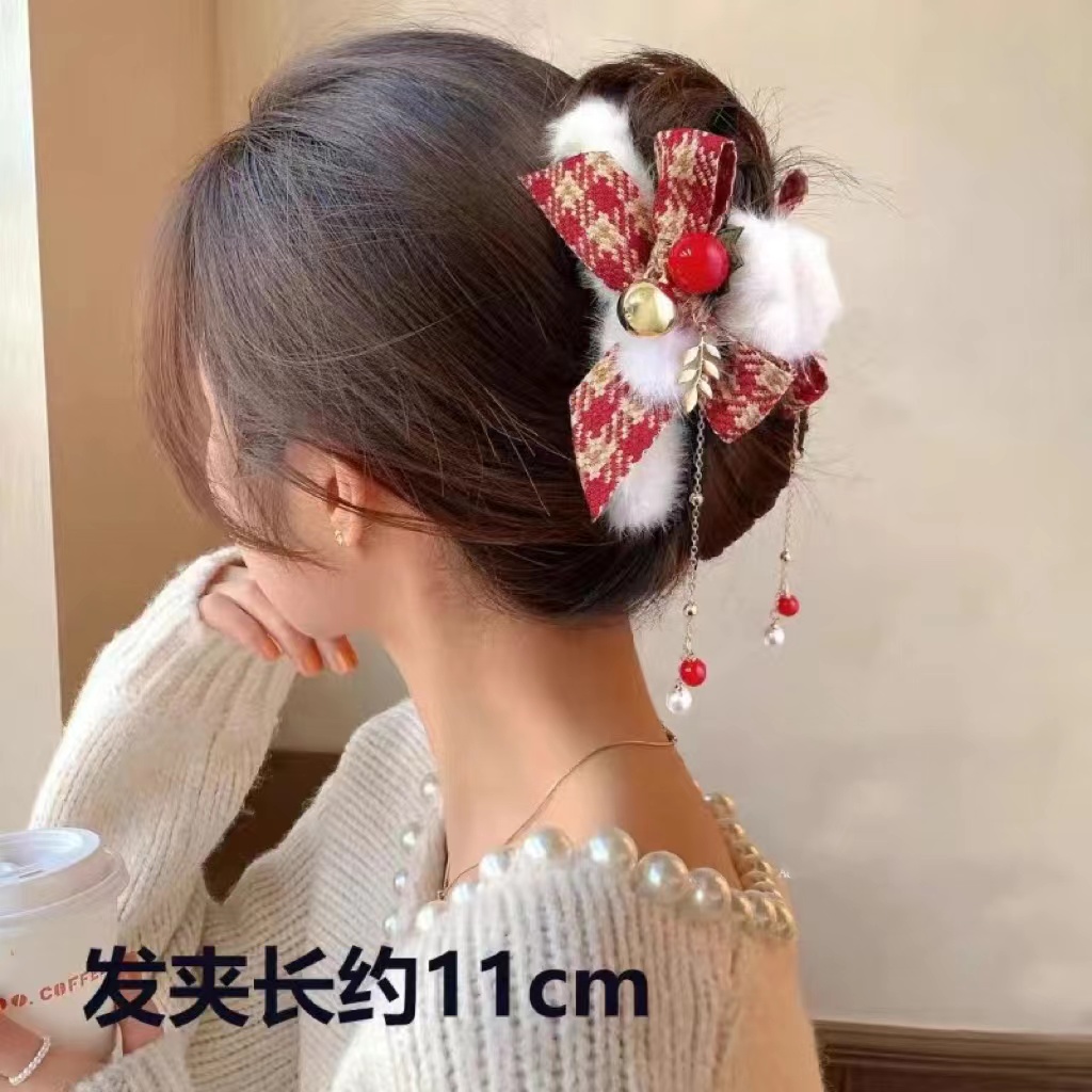 圣诞圣诞节秋冬毛绒发夹蝴蝶结后脑勺流苏夹大号高级鲨鱼夹子头饰