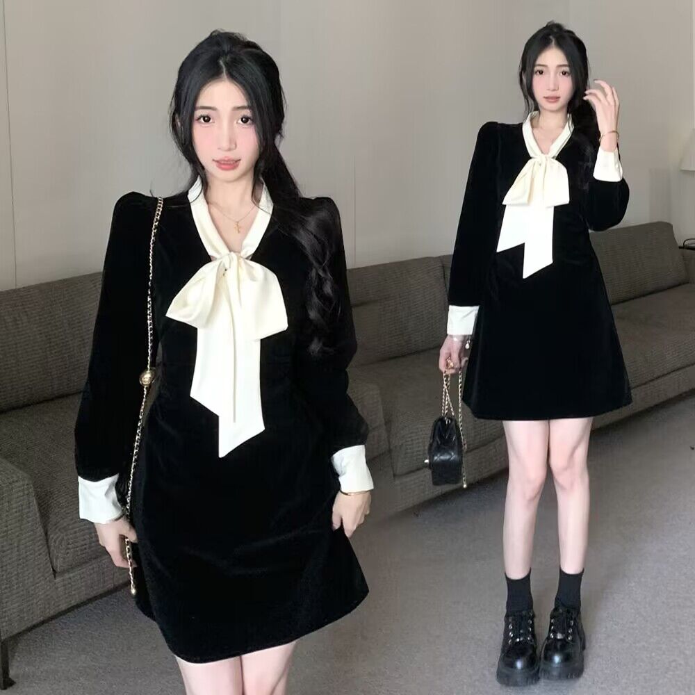 大码女装秋冬胖mm法式复古系带蝴蝶结修身显瘦赫本风丝绒连衣裙