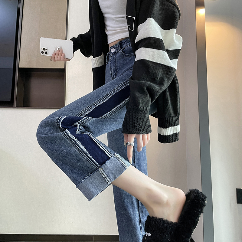 卷边烟管牛仔裤女春装新款高腰弹力拼接翻边春季九分小个子直筒裤