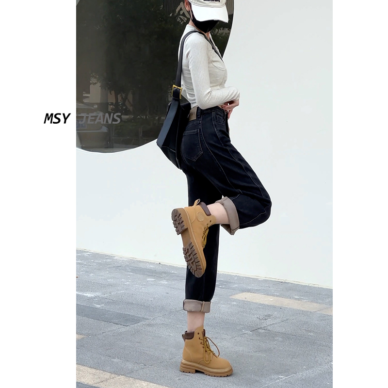 高端毛巾底加绒哈伦牛仔裤女2023秋冬爆款一体薄绒显瘦高腰老爹裤