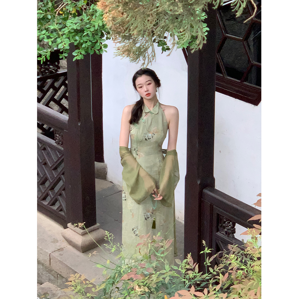 EIA一尧【苏州录】新中式国风气质复古印花连衣裙高腰显瘦设计感