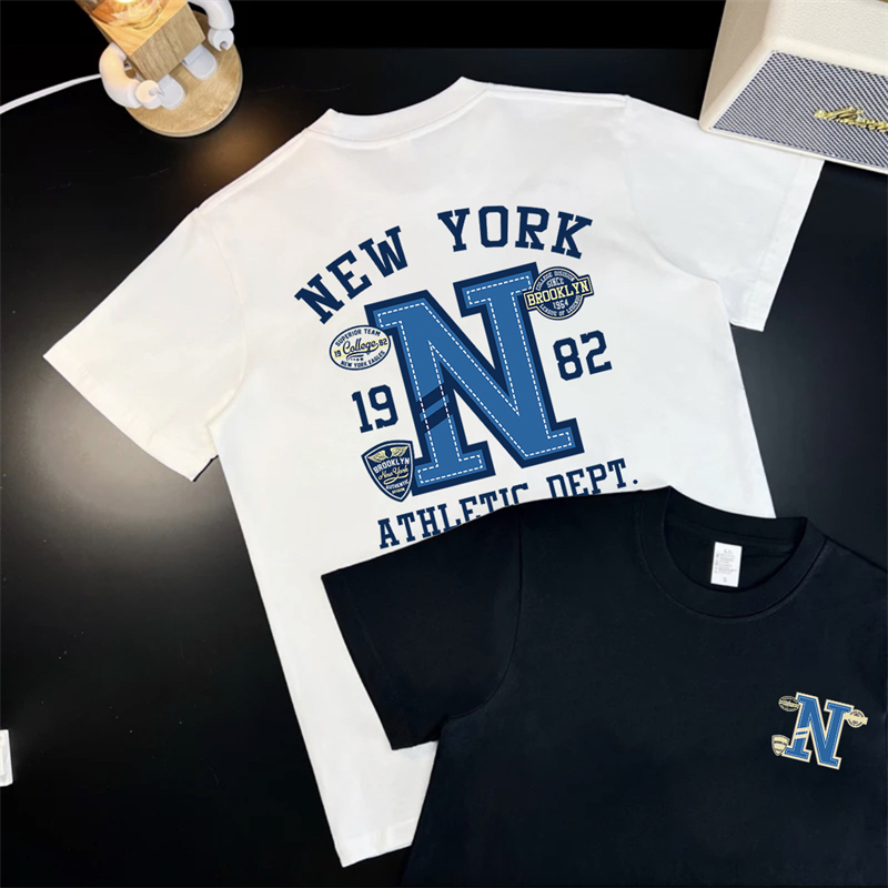 重磅纯棉t恤1982蓝N印花休闲短袖宽松男女圆领百搭潮流上衣671