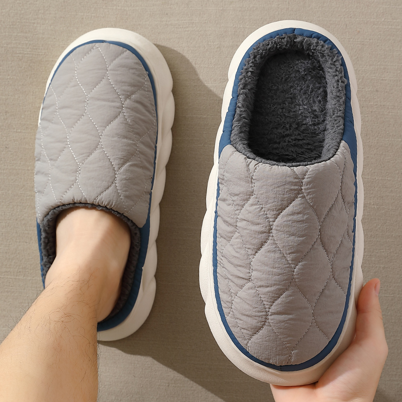 厚底毛毛拖鞋男士冬季家用室内家居防滑防臭羽绒布防水49码拖鞋男