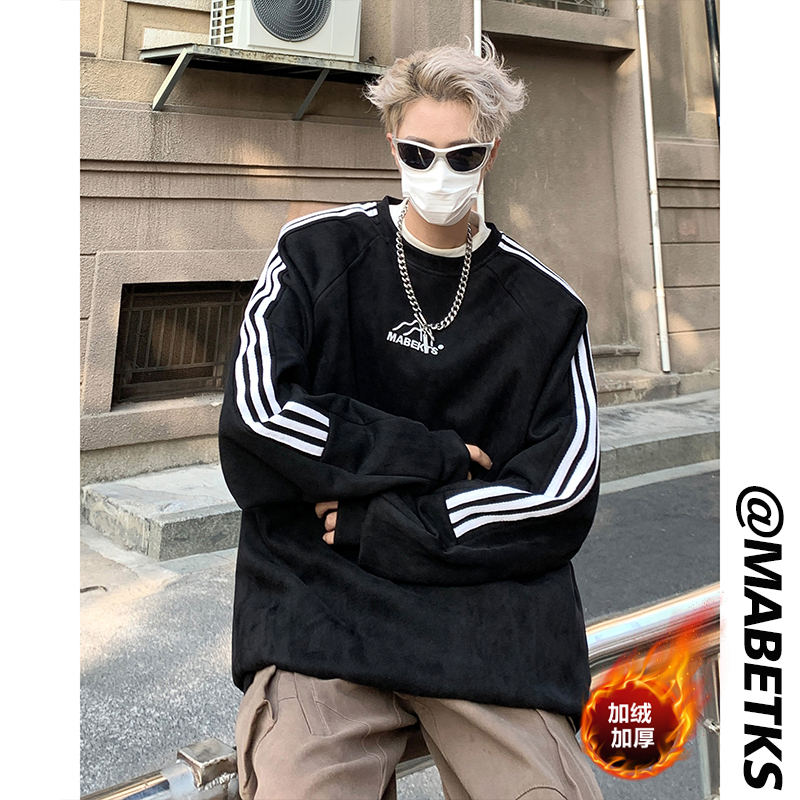 三条杠仿麂皮绒刺绣卫衣男士秋冬加绒加厚潮牌hiphop重磅无帽外套