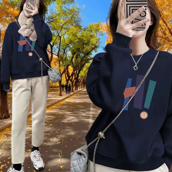 2023年秋冬季新款加绒加厚女士卫衣长袖圆领无帽休闲时尚春秋外套