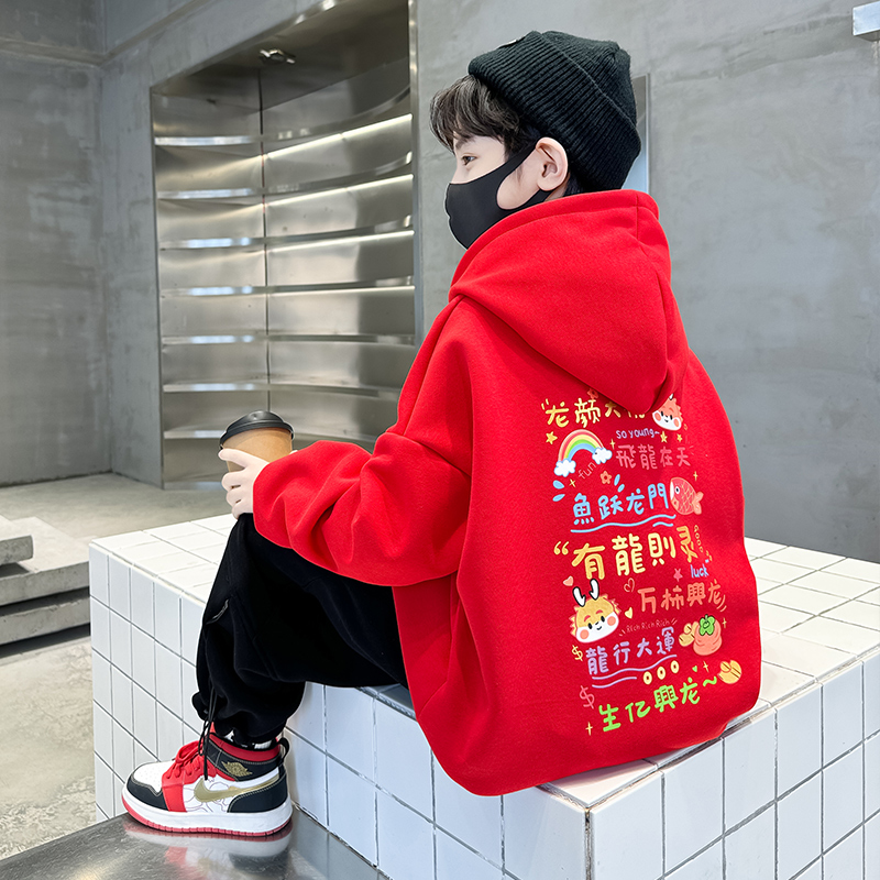 男童冬季卫衣加绒加厚儿童冬装红色拜年服2023新款中大童新年帽衫