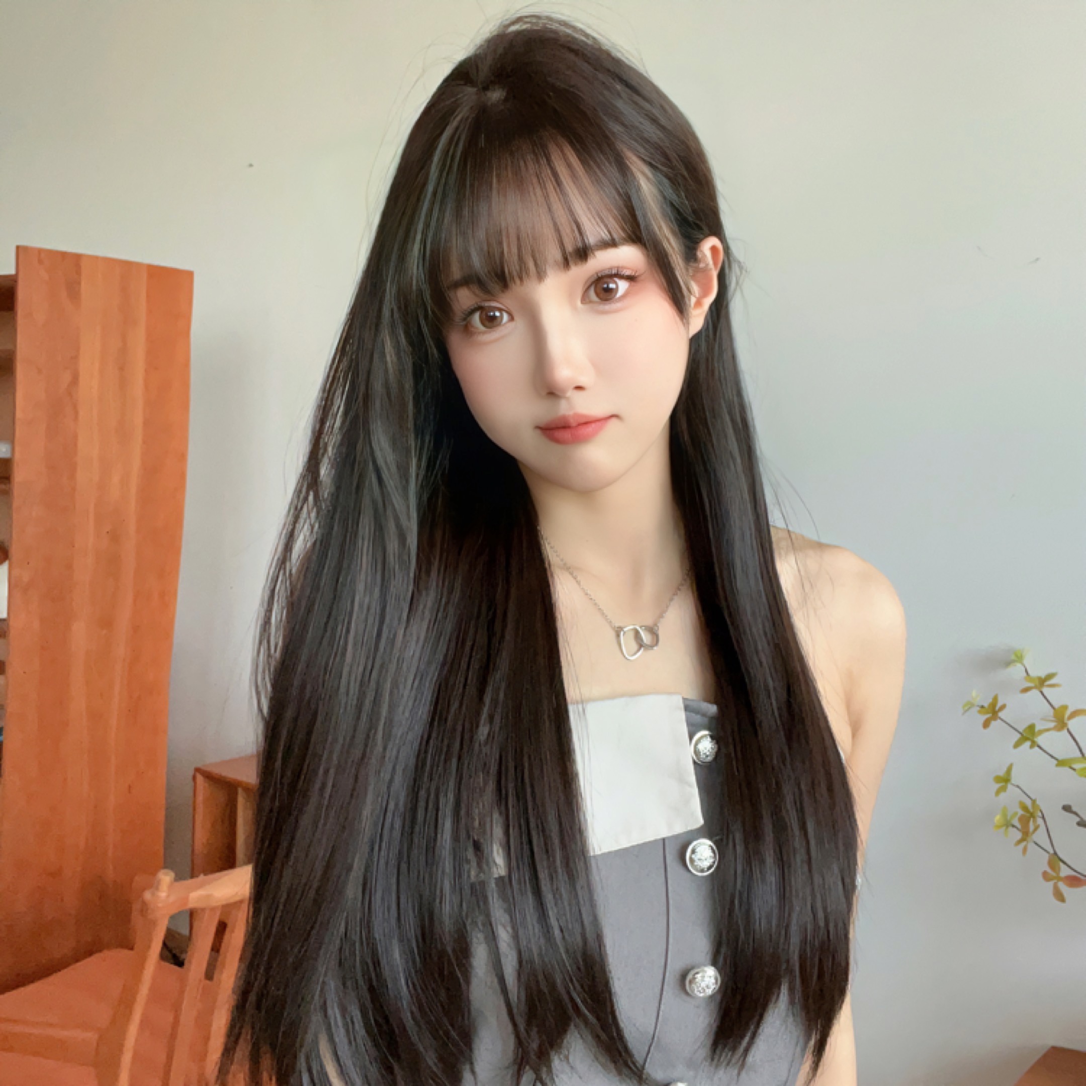 假发女法式刘海手钩蕾丝长发减龄自然黑长直发无痕全头套式假发套