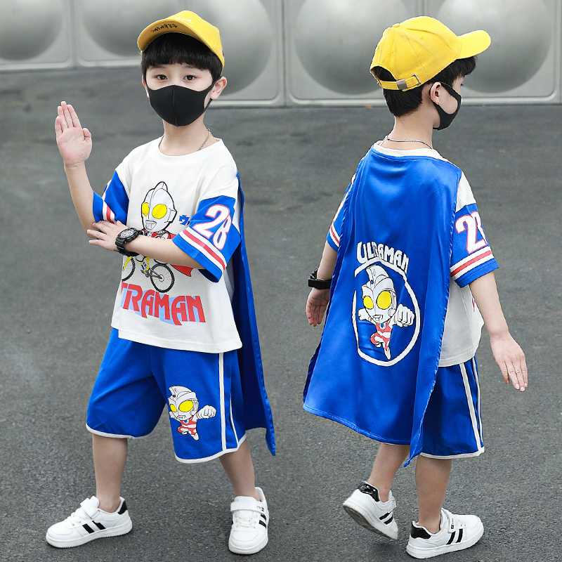 奥特曼衣服男童夏装套装2023新款3-6岁儿童洋气夏季披风短袖童装