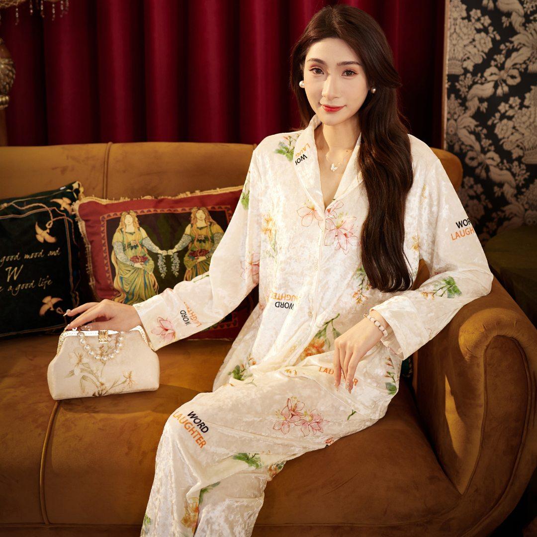 【南极人】金钻绒新款睡衣女秋冬长袖丝绒印花甜美宽松居家服套
