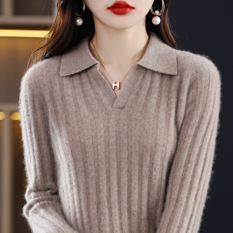 100%纯羊毛女翻领秋冬新款坑条纯色外穿毛衣宽松羊毛针织大码外套
