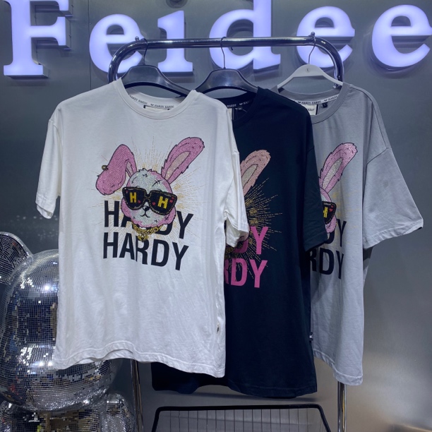 <HH A06>010305 情侣同款夏季烫钻粉色兔子短袖T恤