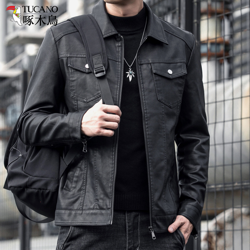 TUCANO/啄木鳥皮衣男士翻领加绒皮外套潮休闲高端皮夹克时尚外衣