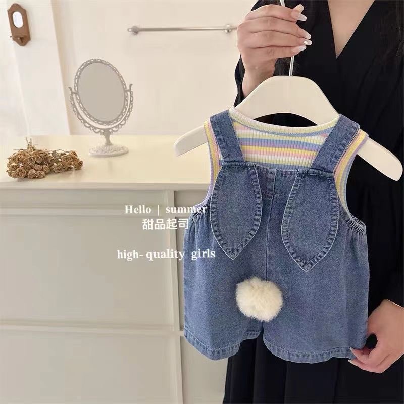 夏季宝宝男女同款条纹针织背心+可爱兔子牛仔背带短裤两件套bbt01