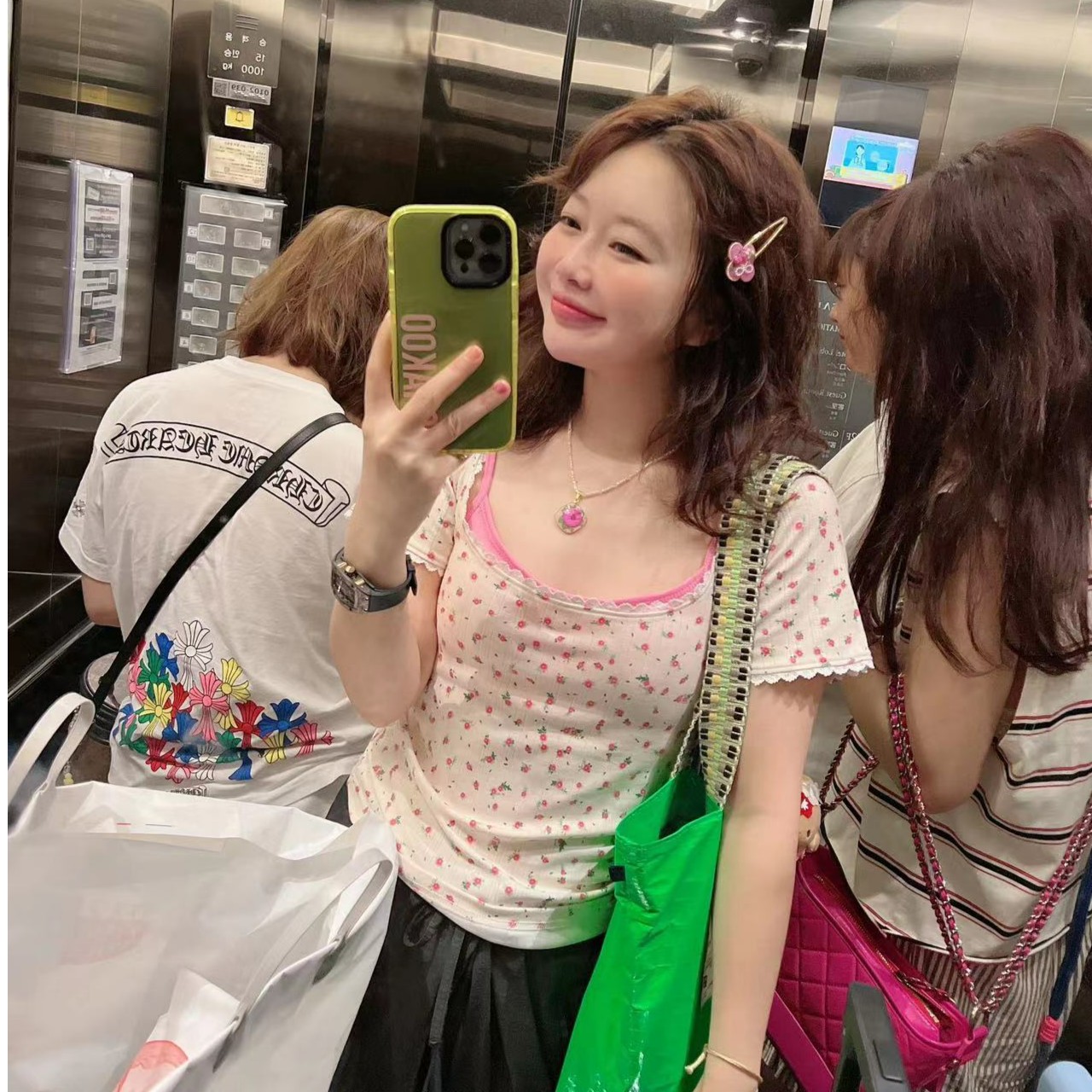【BORAKOO】【现货】泡泡袖小花韩系蕾丝方领短袖T