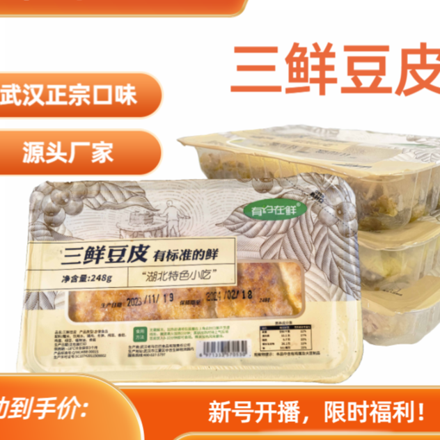 【6盒实惠装】大武汉三鲜豆皮248g*6早餐速食米香美味营养软糯肉香