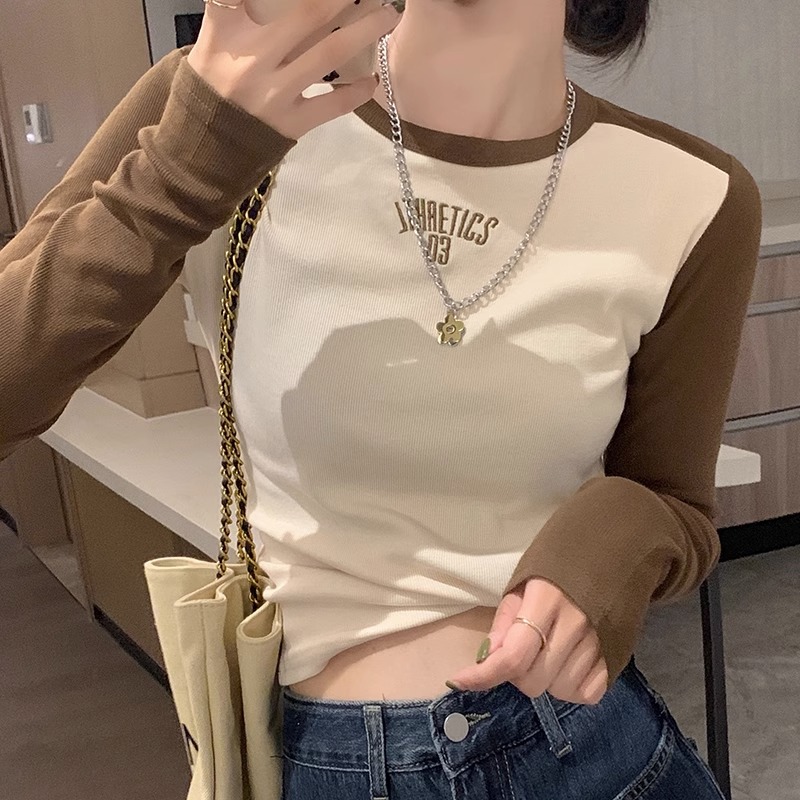 打底衫女内搭拼色上衣2023年春秋季修身设计感小众正肩长袖女t恤