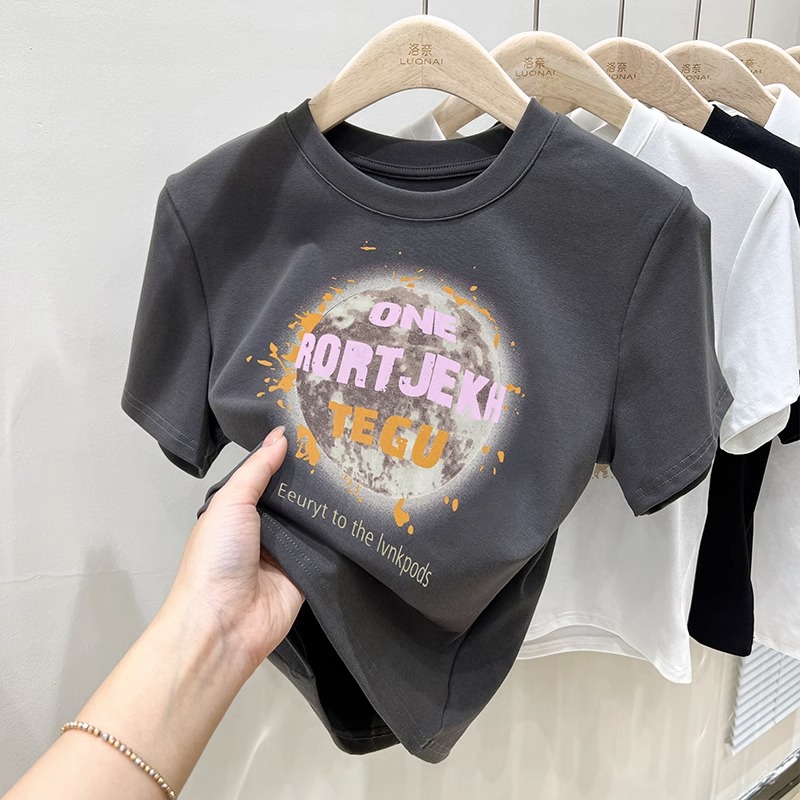 美式复古潮牌印花正肩显瘦短袖t恤女夏季2023新款半袖短款上衣女