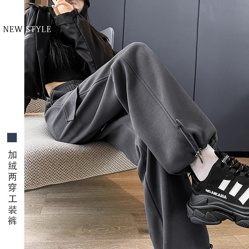 加绒裤子女秋冬2023新款高腰阔腿运动裤束脚卫裤小个子黑色工装裤