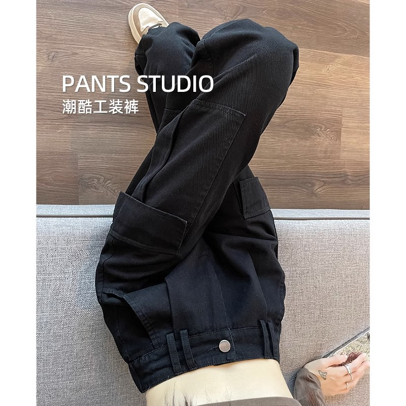 黑色工装裤女春秋2023新款高腰显瘦直筒小个子美式复古百搭阔腿裤