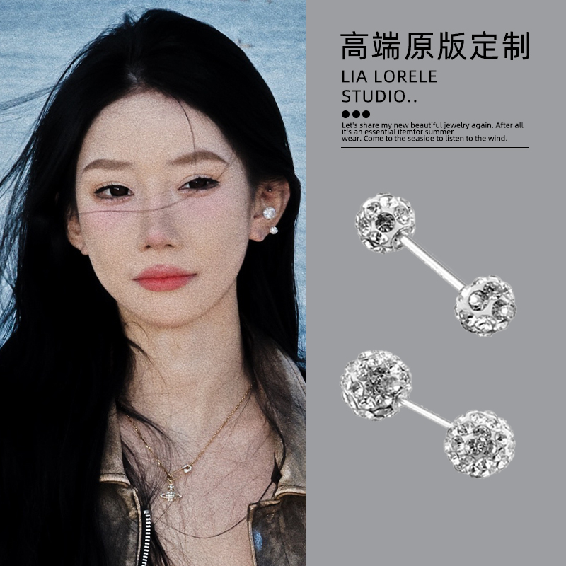 925银针超闪双头钻球耳钉女养耳洞轻奢小众高级感精致耳环耳骨钉