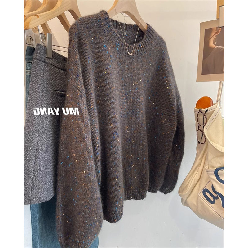 【现货闪发】亮片设计感圆领套头毛衣秋冬韩版宽松长袖针织衫上衣