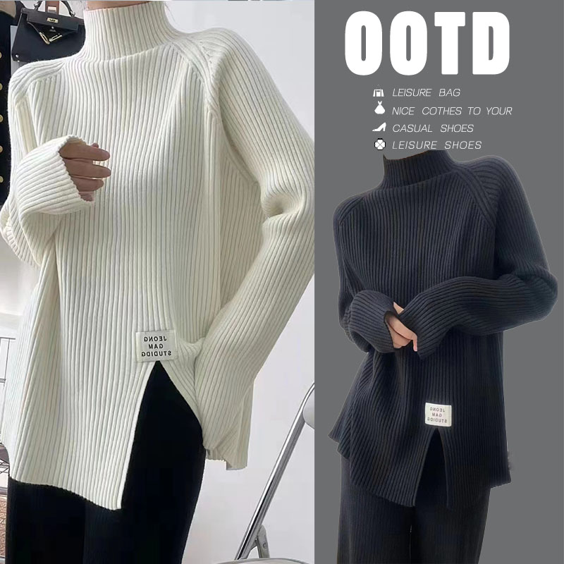 孕妇慵懒风毛衣女秋冬2023新款宽松开叉半高领加厚打底针织衫上衣