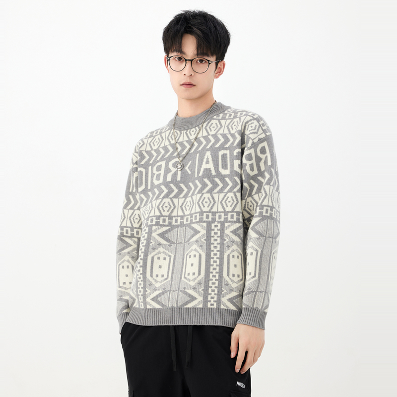 快鱼2022冬新款时尚提花圆领毛衣男加厚保暖长袖针织衫男22M3004