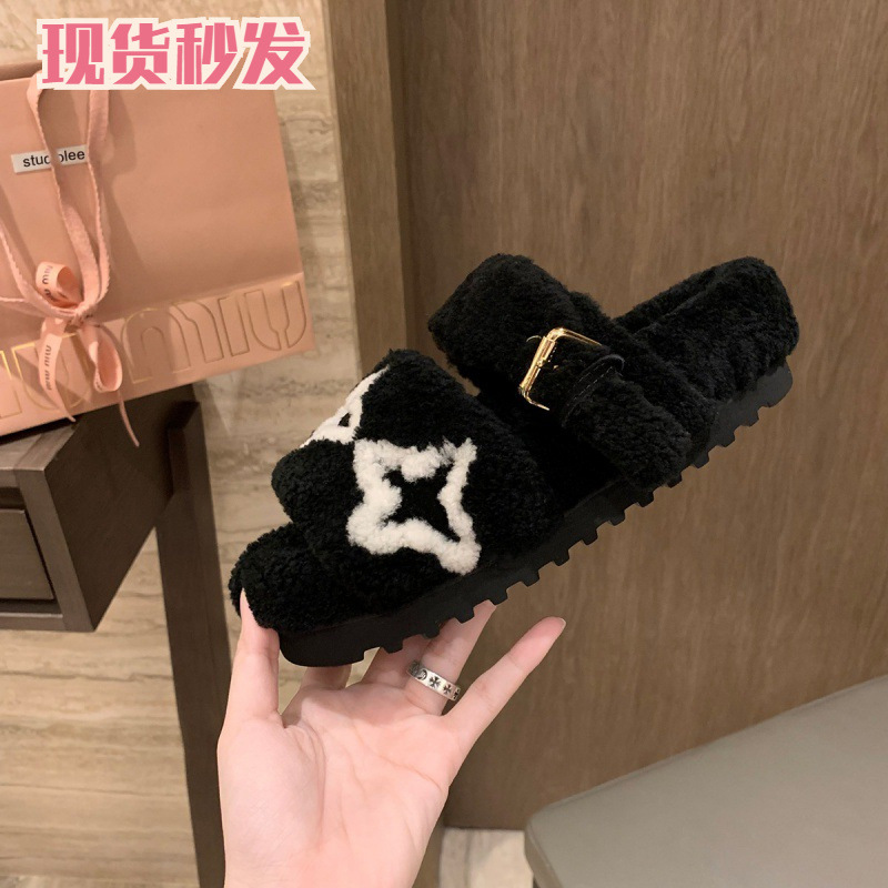 高级感真毛版~葡萄妈同款时尚一字厚底毛毛加绒拖鞋外穿女秋冬季