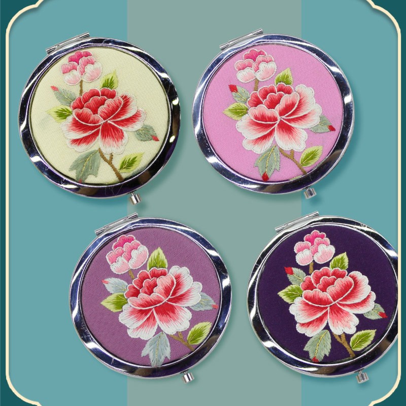 一涵汴绣牡丹花国风创意刺绣双面折叠绣花镜化妆镜特色礼品纪念品