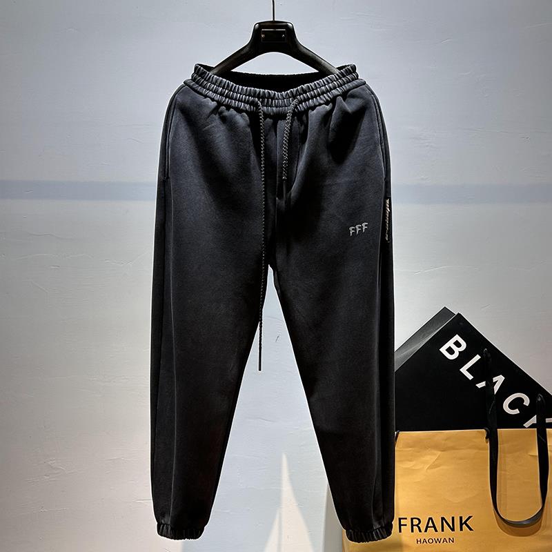 黑色加绒裤子男秋冬加厚保暖束脚卫裤美式复古水洗宽松休闲运动裤