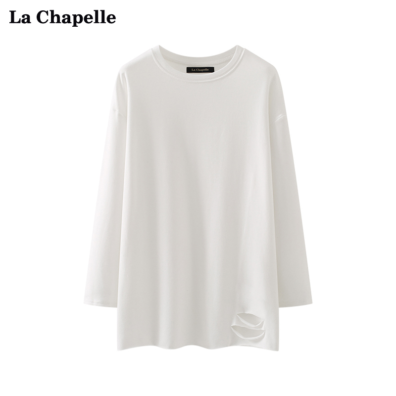 拉夏贝尔LaChapelle白色圆领下摆破洞加绒长袖T恤女宽松打底衫