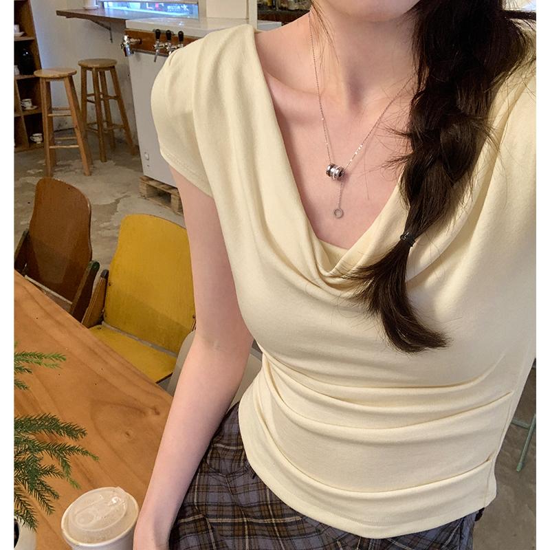 旺娇螺纹棉设计感小众荡领显瘦短袖T恤女2024夏季甜辣妹露肩上衣