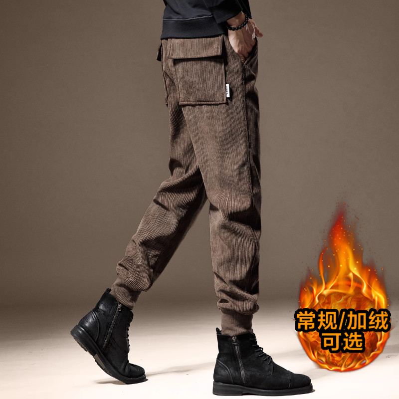 加缤高端肌理感条纹灯芯绒休闲裤男秋冬重磅加绒宽松运动哈伦卫裤