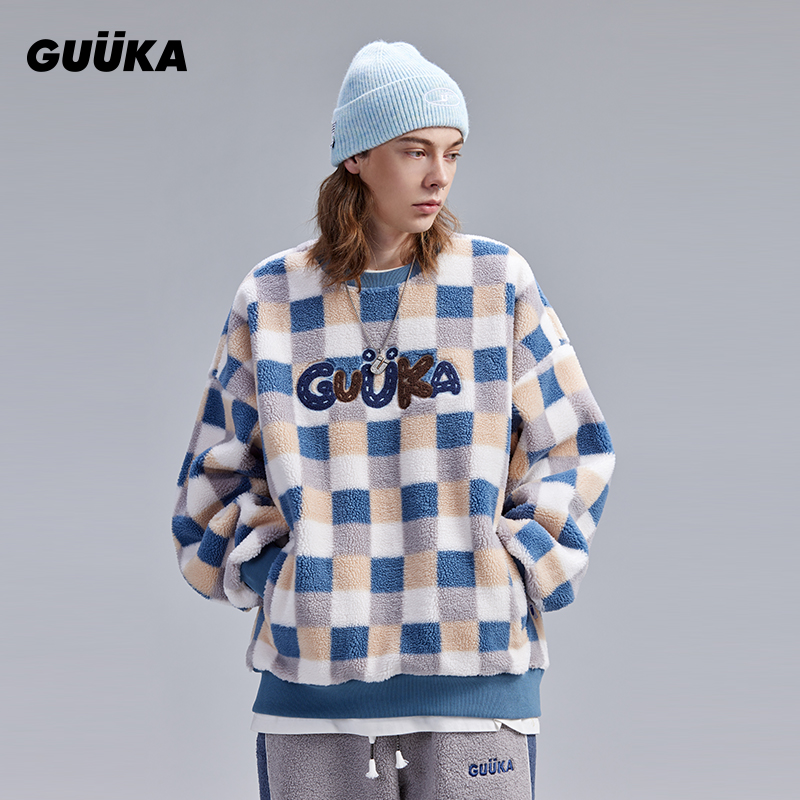 GUUKA冬季蓝灰格子圆领卫衣男 情侣小清新刺绣落肩上衣宽松W7249