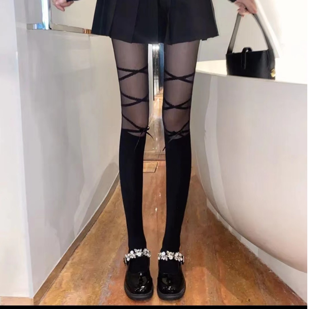 蝴蝶结丝袜日系甜美交叉绑带假高筒拼接连裤袜女假大腿过膝长筒袜