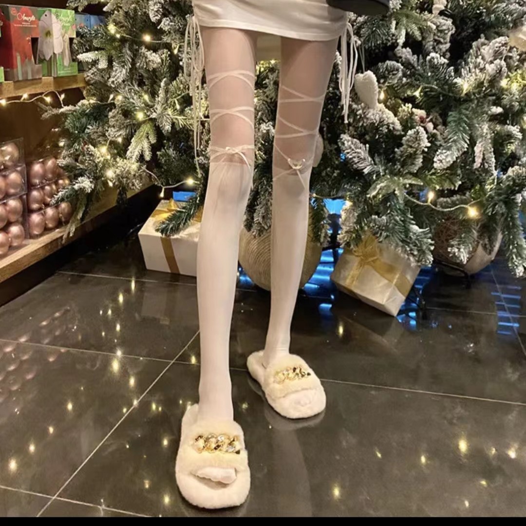 日系蝴蝶结jk辣妹白色拼接丝袜女夏季薄款性感绑带少过膝蕾丝学生