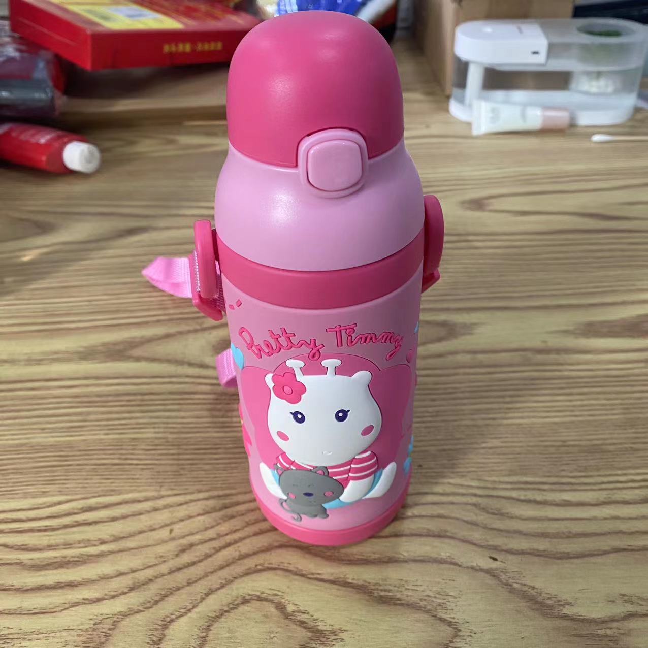 GPF400ml粉色保温杯带儿童手柄可便携外出带绑带8184