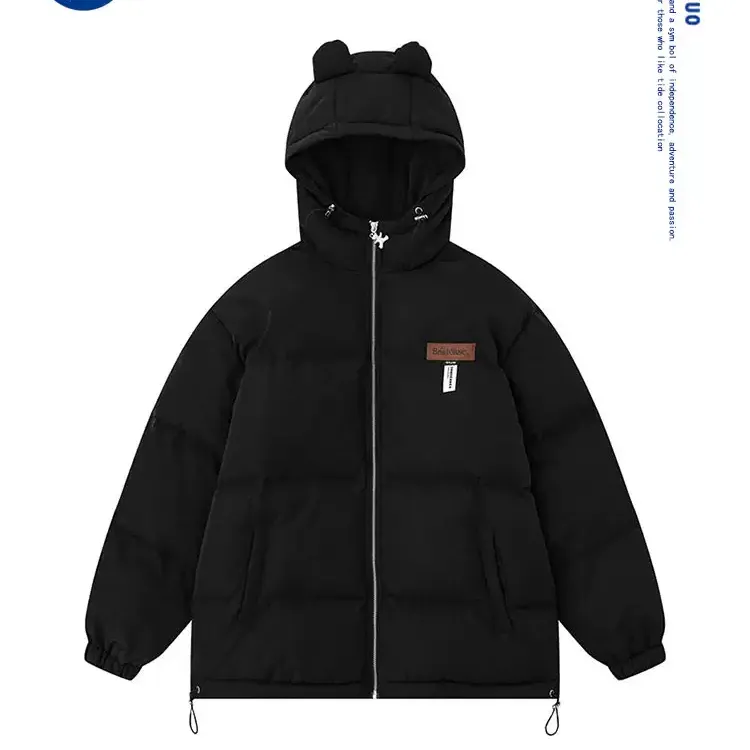 美式潮牌黑色小耳朵连帽棉服棉衣外套男女冬季休闲情侣加厚面包服