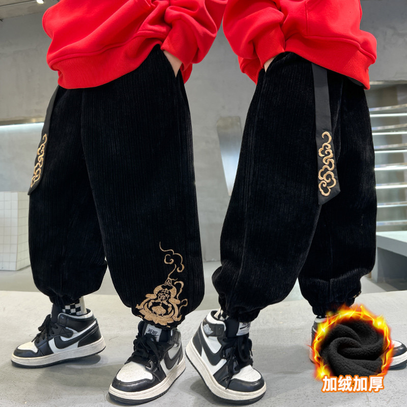 男童裤子加绒2023新款中大童炸街中国风灯芯绒儿童加厚唐装保暖裤