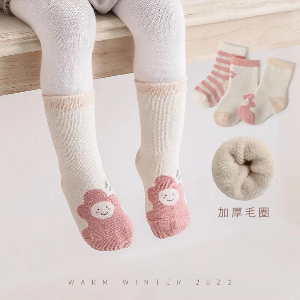 [锦初]婴儿袜子秋冬加绒加厚宝宝袜子防寒保暖可爱卡通松口中高筒
