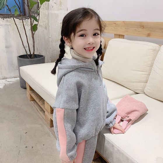 [锦初]运动套装女童加绒加厚韩版女孩休闲服冬季时髦儿童撞色拼接
