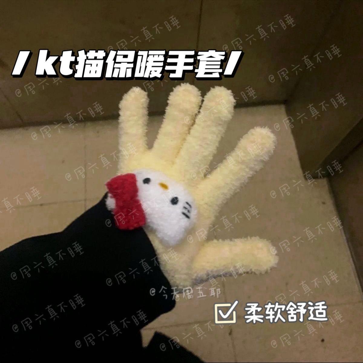 小红书同款哈喽kitty冬季保暖珊瑚绒糖果色毛绒五指学生骑行手套
