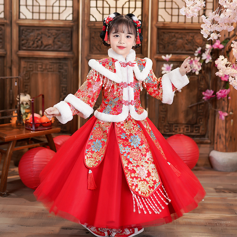 99156儿童汉服女童中国风加厚拜年服秋冬款过年唐装女孩古装衣服