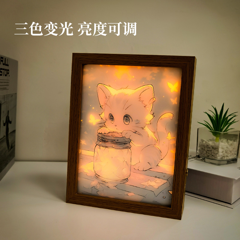 LED触控灯光画三色可更换现代简约床头卧室饰品摆件猫1722