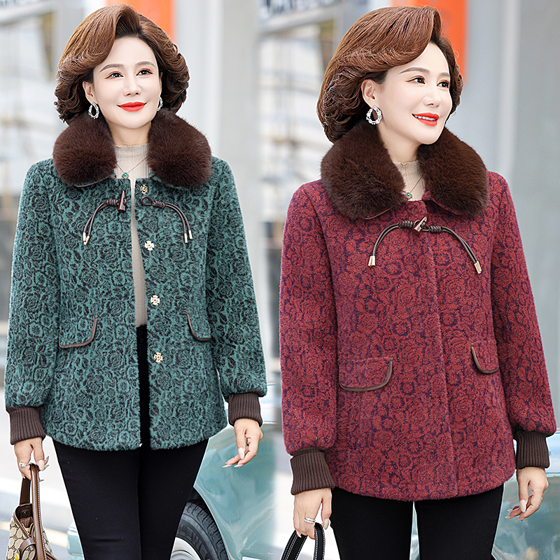 新款中年妈妈装加绒加厚外衣呢子外套中老年女秋冬装毛呢大衣