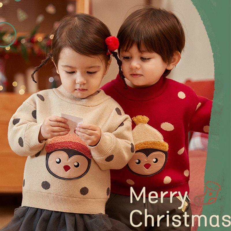 儿童圣诞毛衣2023过年新款冬装红色针织衫套头加厚宝宝时髦上衣潮