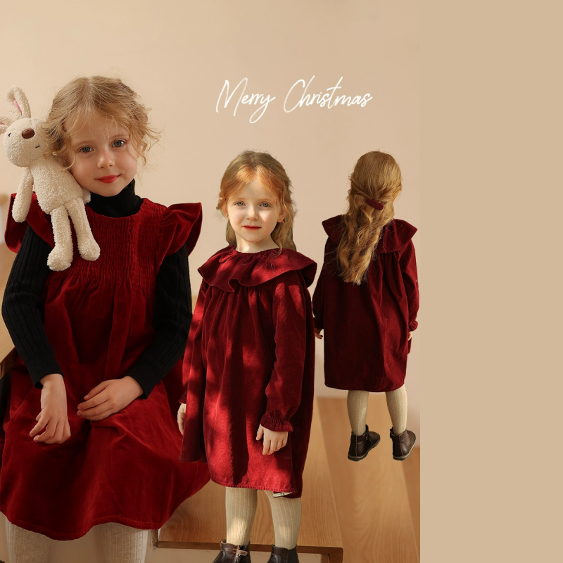 女童新年生日背心连衣裙花边领连衣裙生日礼服宝宝秋冬洋气公主裙