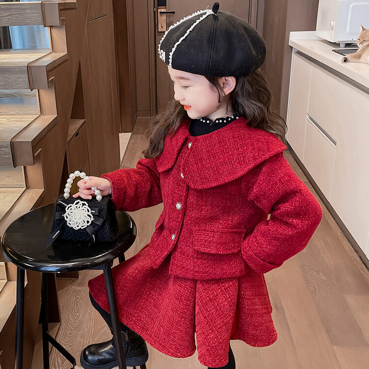 女小童冬季2023新款裙子洋气时尚小女孩过年夹棉红色羊毛大衣套装