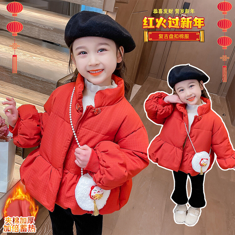 女小童中国风红色棉服冬季复古盘扣加厚女宝宝新春拜年服外套