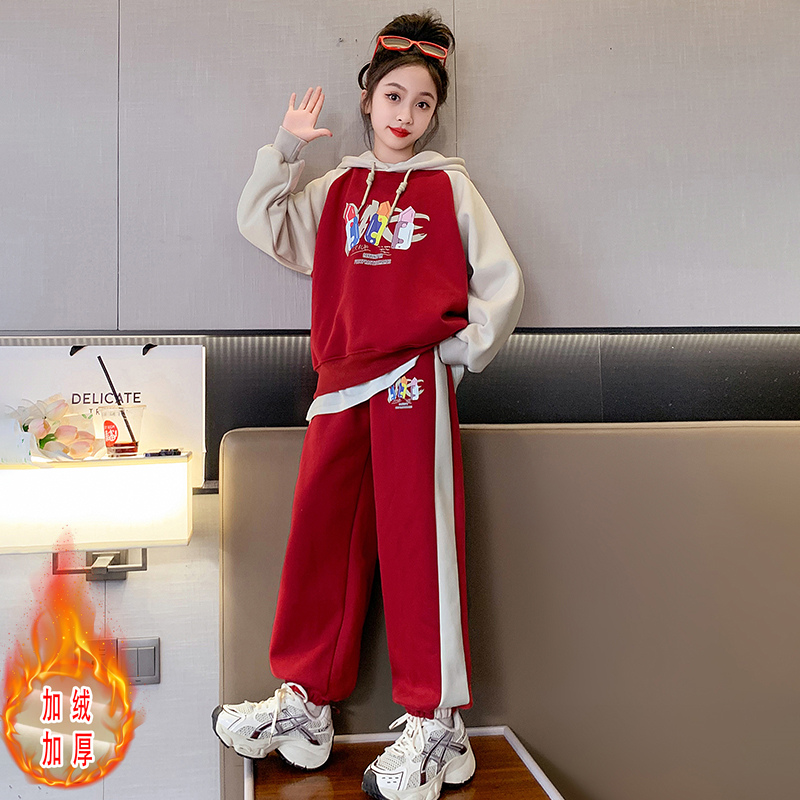女童秋冬款加绒卫衣运动休闲冬季套装中大童时髦洋气儿童时尚冬装